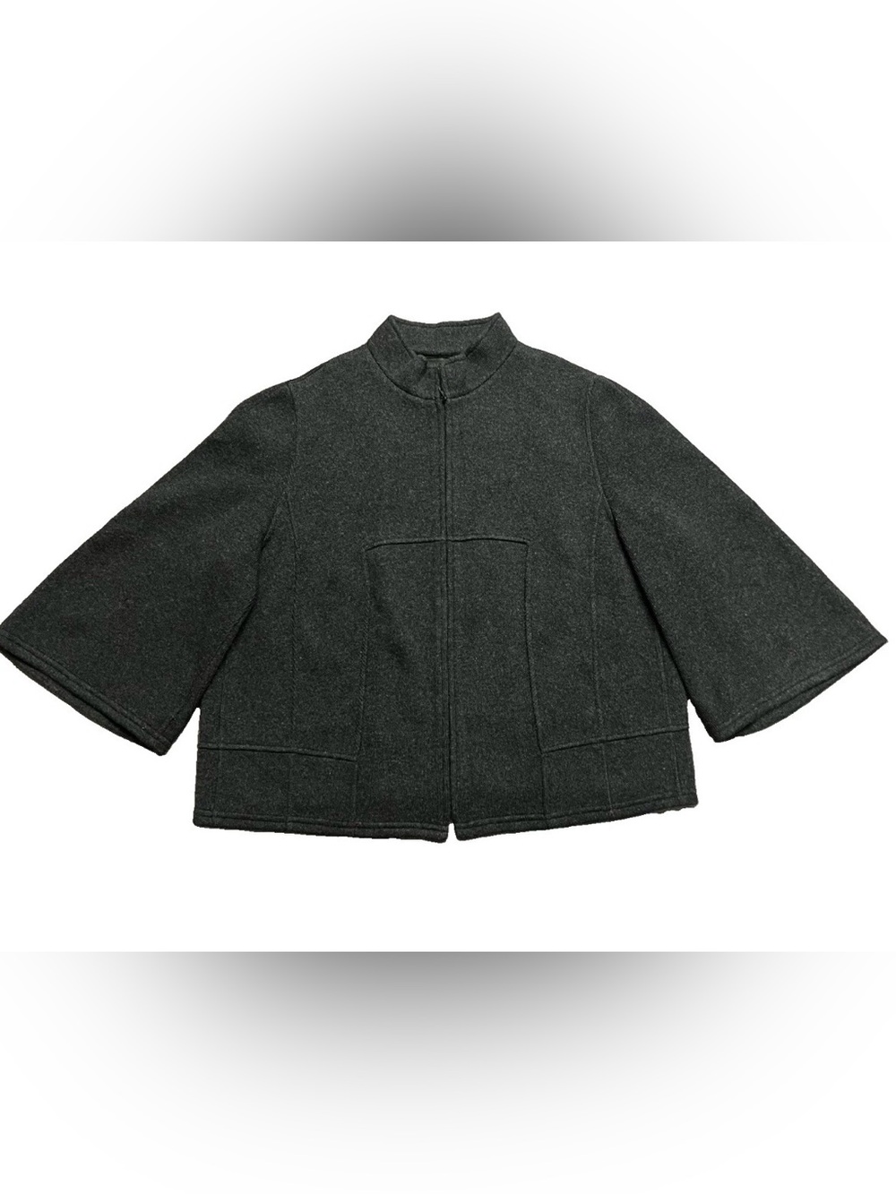 AKRIS 100% Cashmere Cropped Zip Jacket Charcoal Grey Bell Sleeve [FLAW]